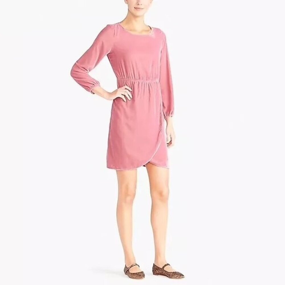 J.Crew Velvet Tulip-Hem Dress Long Sleeve Scoop Neck Guava Berry Pink‎ Size 22